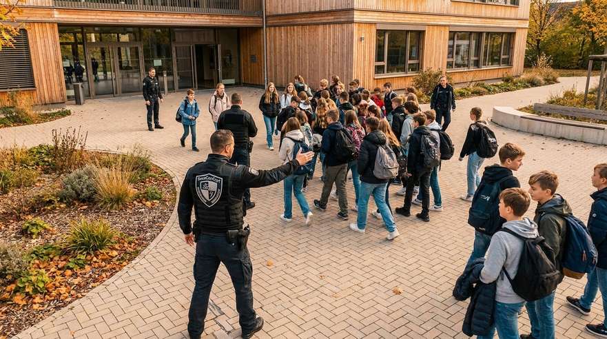 Sicherheitsmitarbeiter vor moderner Schule