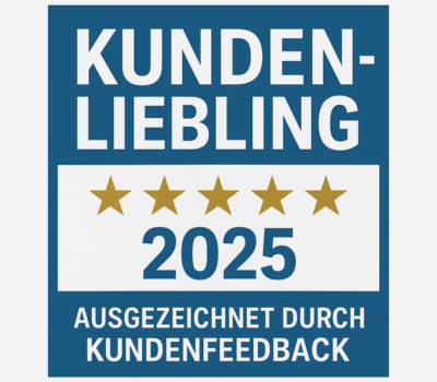 Blaues Kundenliebling-Siegel mit fünf goldenen Sternen und der Aufschrift „Ausgezeichnet durch Kundenfeedback 2025“.