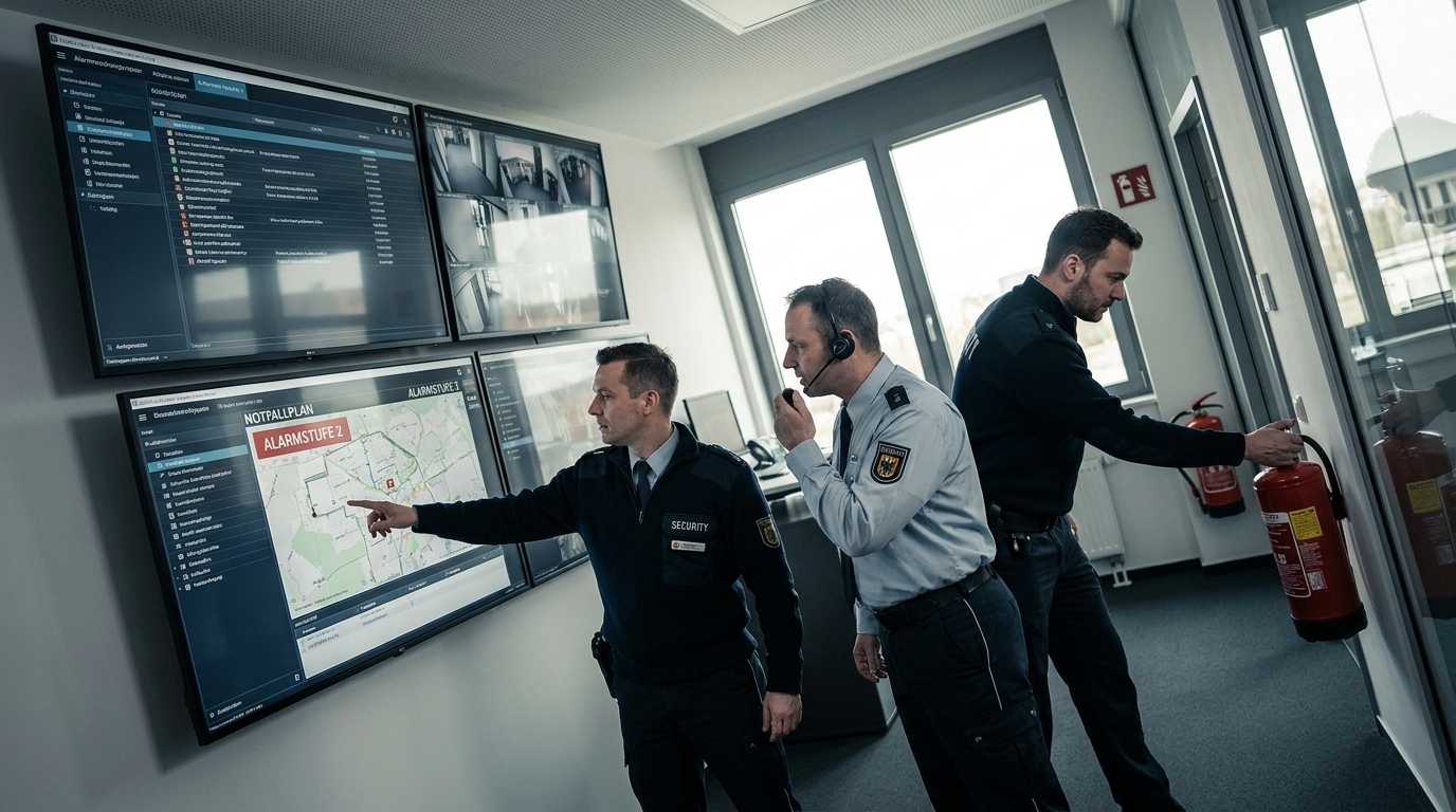 Leitstellenmitarbeiter analysieren Sicherheitsmeldungen