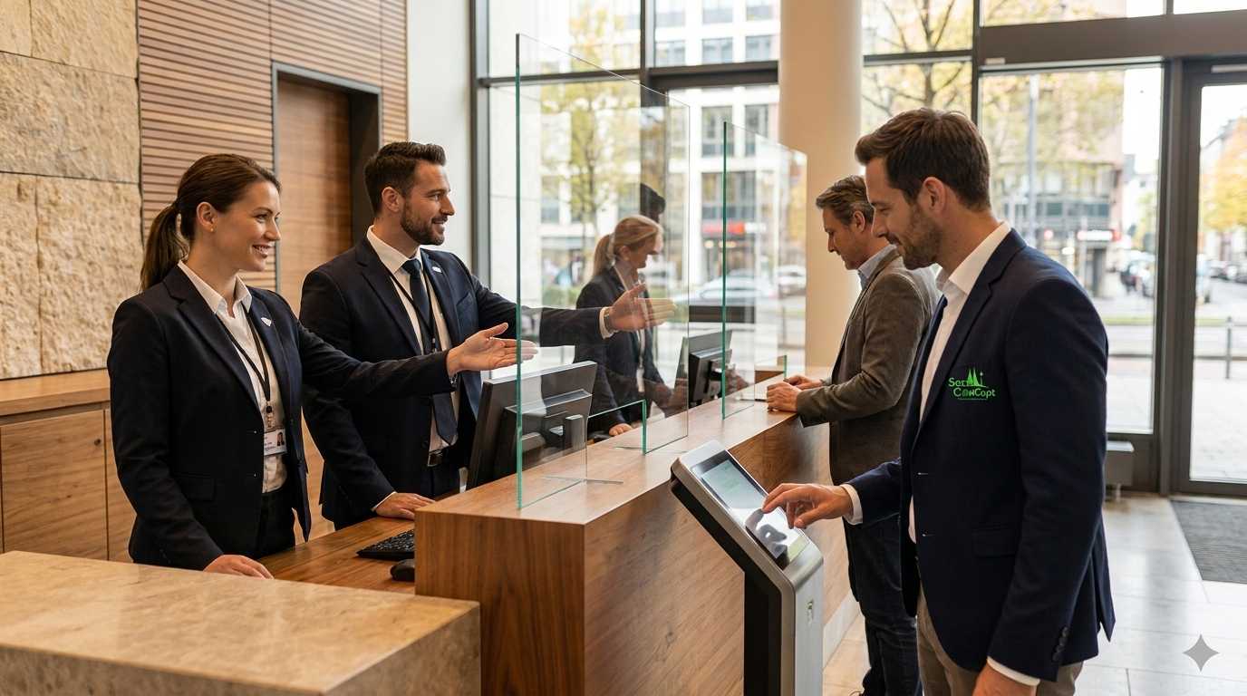 Moderner Empfangsbereich mit Sicherheitsmitarbeiter und digitalem Besuchermanagement