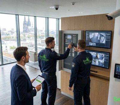 Drei Sicherheitsmitarbeiter prüfen am Empfang digitale Monitore und Zugangstechnik für einen serviceorientierten Sicherheitsdienst.