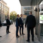 Sicherheitsmitarbeiter in dunklen Anzügen begleiten einen Besucher am Eingang eines modernen Bürogebäudes von SecuConCept.