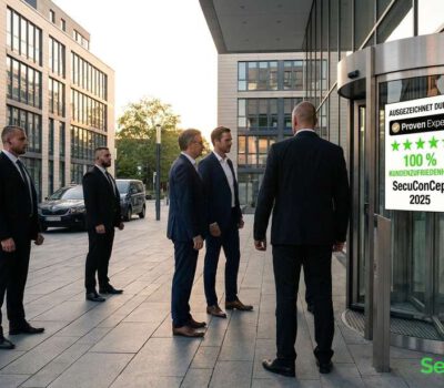 Sicherheitsmitarbeiter in dunklen Anzügen begleiten einen Besucher am Eingang eines modernen Bürogebäudes von SecuConCept.