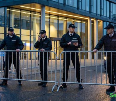 Vier Sicherheitskräfte in schwarzen Uniformen sichern bei Dämmerung einen Gebäudeeingang mit Absperrgittern und Fahrzeugen.