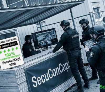 Sicherheitskräfte von SecuConCept kontrollieren digital dokumentierte Zugänge an einem gesicherten Betriebsgelände.