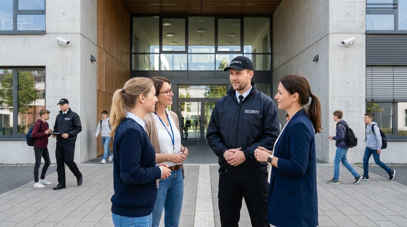 Sicherheitskraft vor moderner Bildungseinrichtung