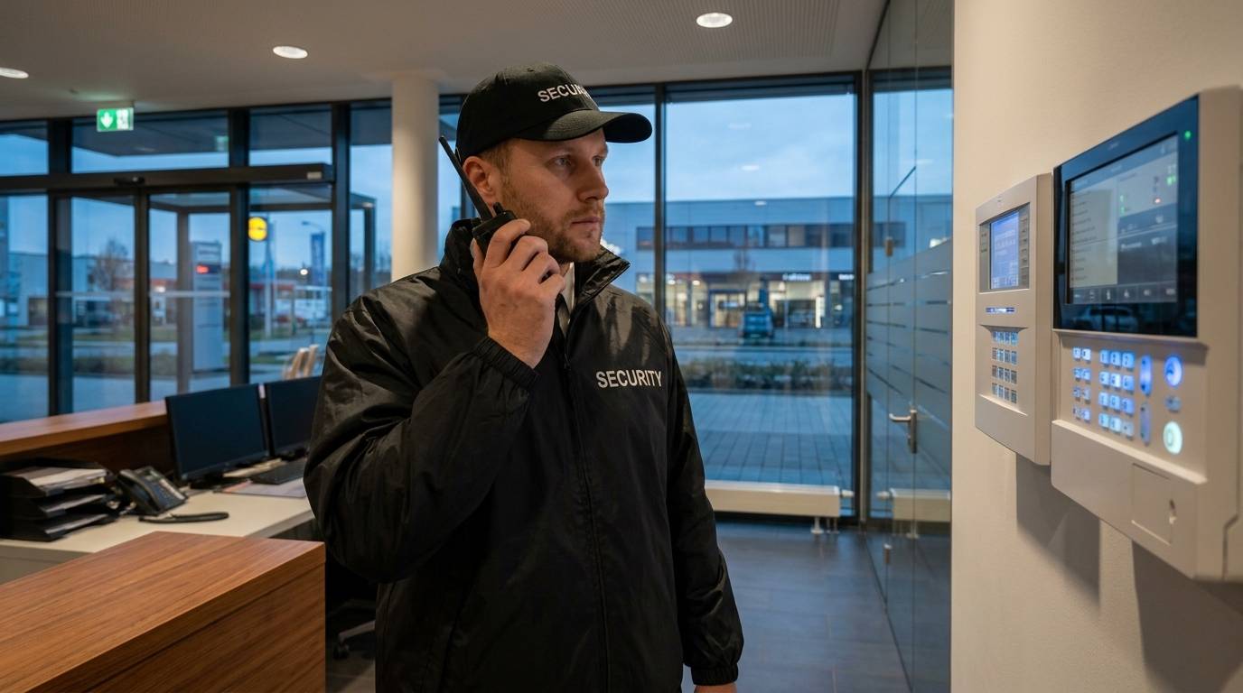 Moderner Sicherheitsmitarbeiter vor Gewerbeobjekt in Frechen