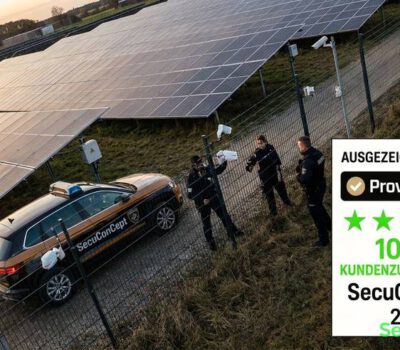 SecuConCept-Fahrzeug und Sicherheitskräfte sichern eine großflächige Photovoltaikanlage an einem abgelegenen Solarpark.