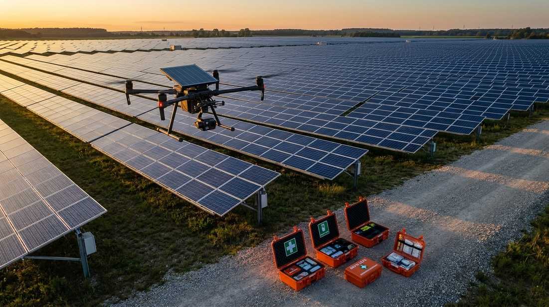 Drohnenüberwachung über einem Solarpark