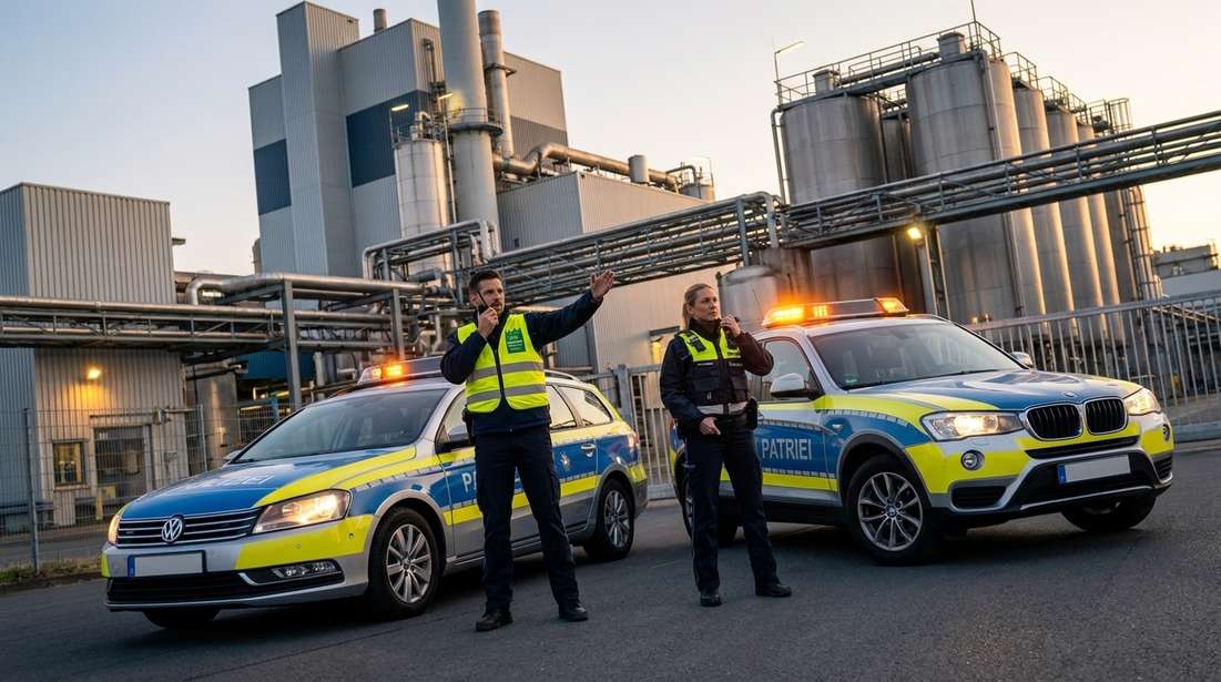 Sicherheitsmitarbeiter vor moderner Industrieanlage