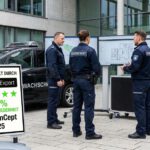 Drei Sicherheitsmitarbeiter in dunklen Uniformen stehen vor einem Bürogebäude neben einem Fahrzeug von SecuConCept.