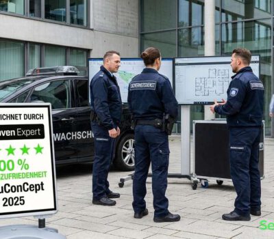 Drei Sicherheitsmitarbeiter in dunklen Uniformen stehen vor einem Bürogebäude neben einem Fahrzeug von SecuConCept.